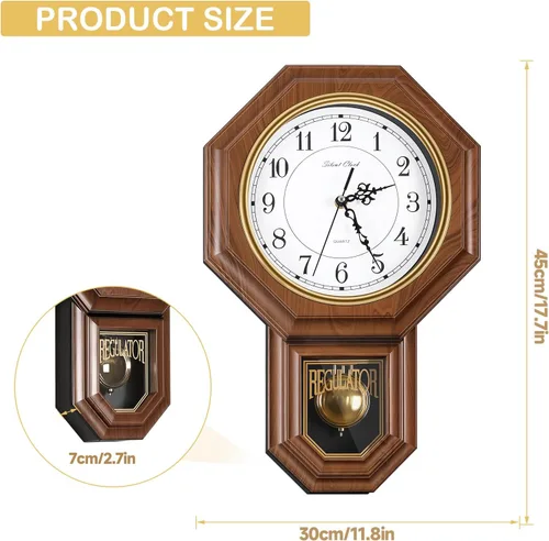 Vista 2 de Reloj de pared de péndulo que funciona con pilas, reloj regulador de plástico de imitación de madera con péndulo, relojes de pared decorativos