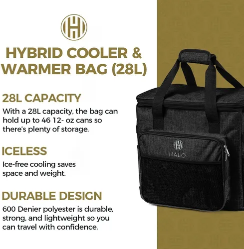 Vista 2 de Halo 28L Hybrid Cooler & Warmer Bag Electric Travel Cooler, Collapsible for Easy Storage, Keep Drinks Cold & Food Warm, Ice Free Cooling, Includes