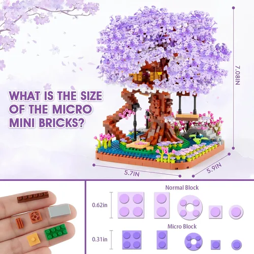 Vista 2 de HIGH GODO - Set de construcción micro de árbol bonsái de flor de cerezo, modelos de casa de árbol sakura japonés, kit de construcción