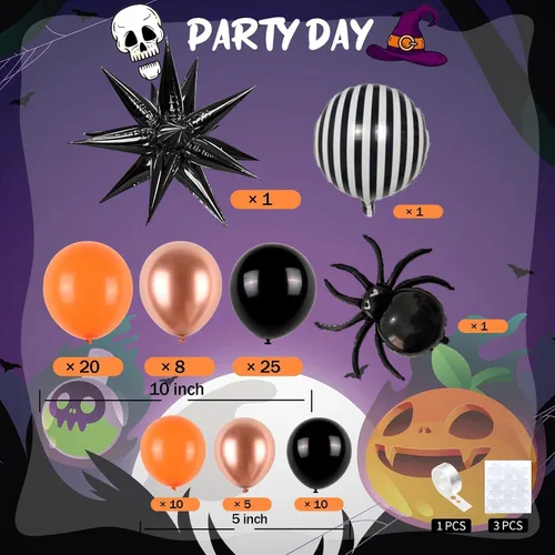 Vista 2 de Kit de arco de globos de Halloween, globos de Halloween 2024, guirnalda de globos de color naranja, oro rosa, negro, con araña, murciélago