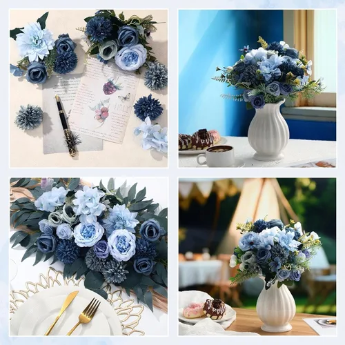 Vista 6 de Zeyune 24 paquetes de flores artificiales azules a granel ramo de seda