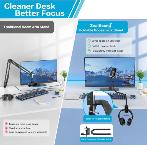 Vista 6 de ZealSound Soporte para Micrófono, Soportes Flexibles de Cuello de Ganso para Micrófono de Escritorio con Abrazadera de Escritorio de Servicio