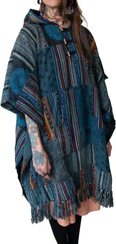 Vista 4 de manakamana Poncho de retazos con bolsillo grande, 100% algodón pesado, poncho mexicano Baja con capucha para hombre