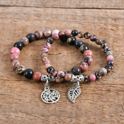 Vista 2 de YGLINE Pulseras de piedra curativa de yoga del árbol de la vida, juego de pulseras de reiki de piedra de chakra de loto multicapa, piedra natural