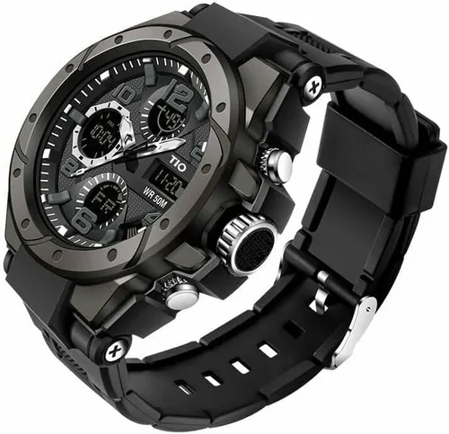 Vista 2 de Reloj para hombre TIO, militar, cronógrafo, digital, deportivo, resistente a los golpes y al agua, 5 ATM, negro, Negro, Deporte, casual, a la moda