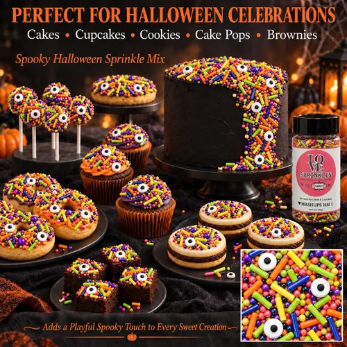 Vista 5 de Confect Mezcla de espolvorear de Halloween – Bolas de discoteca blancas, naranjas, moradas, negras y verdes, ojos de caramelo y jimmies – Gránulos