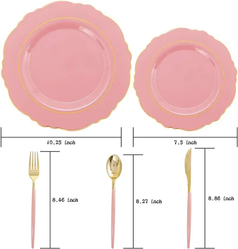 Vista 3 de Nervure 100 platos de plástico rosa malva con borde dorado y 240 vasos de plástico dorados