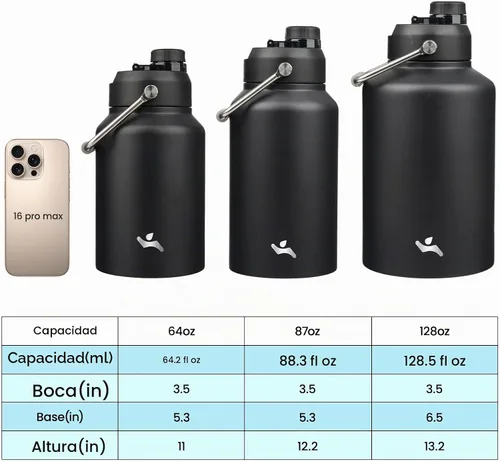 Vista 2 de Konokyo Jarra de medio galón con asa, botella de agua aislada de 64 onzas con bolsa de transporte, botella de metal de acero inoxidable al vacío
