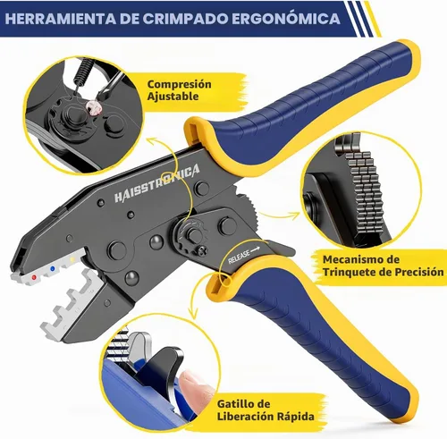 Vista 5 de haisstronica Kit de herramienta de crimpado de 6 en 1 y pelacables, crimpadora de alambre de carraca con 6 piezas de matrices intercambiables