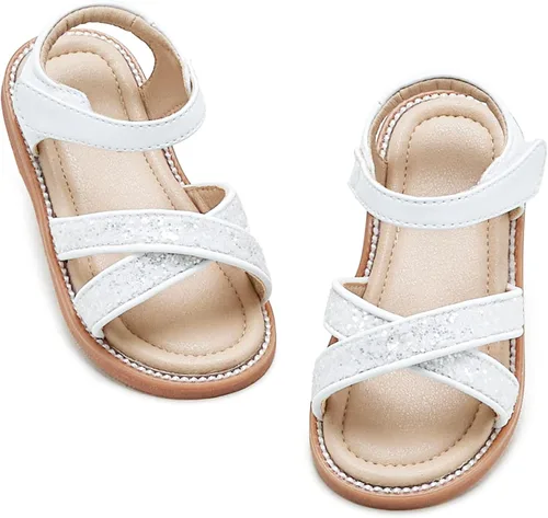 Vista 11 de Sandalias de verano para niñas con puntera abierta, sandalias planas de princesa con suela cómoda D742 Oro