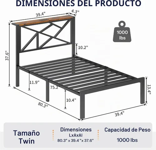 Vista 2 de DynJest Marco de cama de metal tamaño individual con luces LED, cabecera con almacenamiento y estación de carga, moderna cama de plataforma