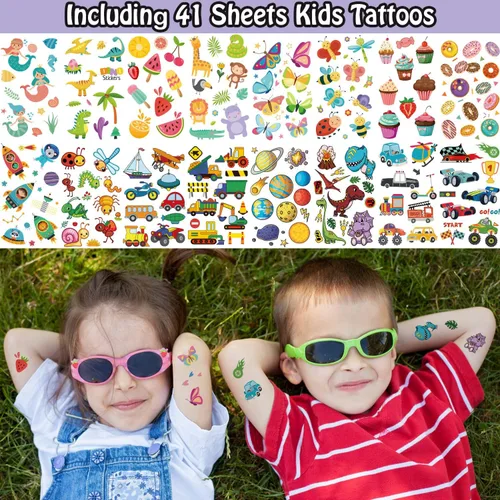 Vista 5 de Leesgel 66 hojas de tatuajes temporales para niños, tamaño mixto, calcomanías falsas de tatuajes con dinosaurios/coches/sirena, suministros