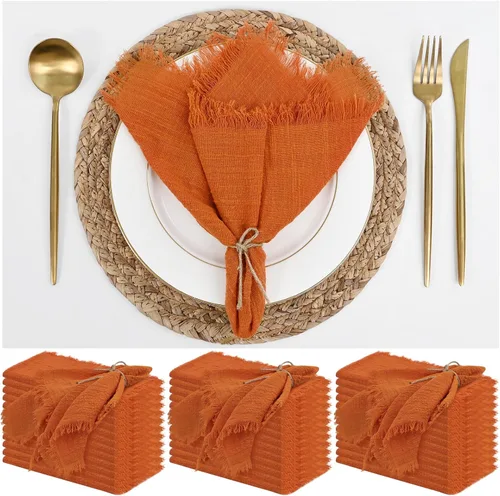 Vista 15 de Paquete de 12 servilletas de lino y algodón beige de 16 x 16 pulgadas, hechas a mano con flecos, servilletas de tela suave, lavables y rústicas
