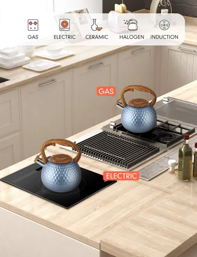 Vista 6 de BELANKO - Tetera de acero inoxidable de 2.7 cuartos de galón para estufa, de grado alimenticio con mango de patrón de madera, con silbido fuerte
