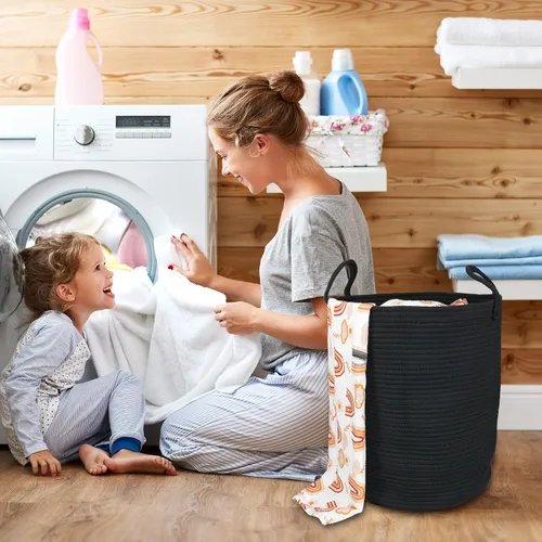 Vista 4 de XUANGUO Cesta de cuerda de algodón negro para ropa sucia, cesta de almacenamiento tejida para sala de estar, dormitorio, cesta de cuerda alta