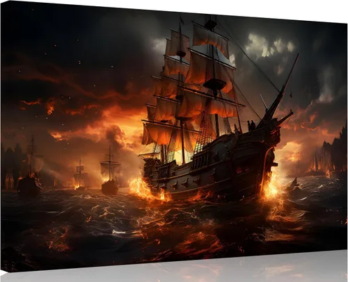 Vista 13 de TutuBeer 3 Piezas Arte de Pared Batalla Naval Barco Imagen Barco Pirata Velero Póster Barco Pirata Azul en Llamas Imagen Impresa en Lienzo Póster