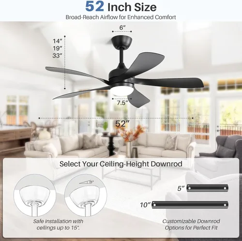Vista 7 de CACI Mall Ventilador de techo inteligente de 52 pulgadas con luces, control remoto, compatible con Alexa/Google/App, 5 cuchillas, iluminación