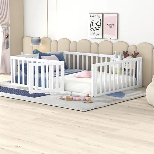 Vista 12 de Harper & Bright Designs Cama Montessori doble con valla y puertas, marco de cama de piso para espacios pequeños, sin rejas, gris