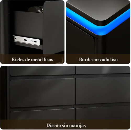 Vista 6 de Gyfimoie Cómoda Negra de 6 Cajones para Dormitorio, Cajonera Larga de 47.2" con Estación de Carga y Luces LED, Gabinete de Almacenamiento de Madera