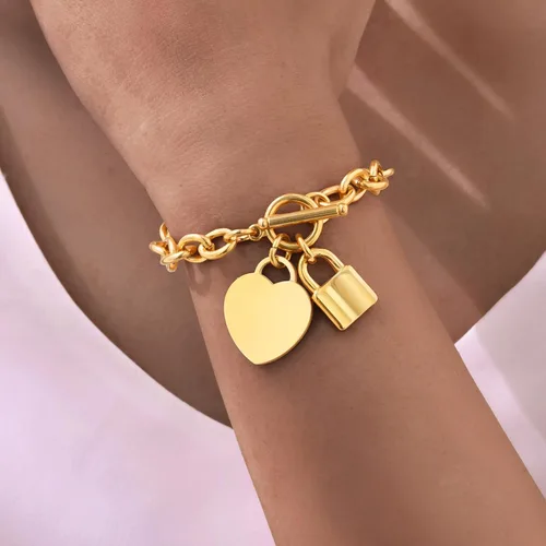 Vista 2 de VNOX Juego de collar de cadena de cable de acero inoxidable con nombre inicial personalizado con dije de corazón y cierre de palanca Dorado