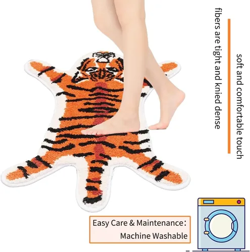 Vista 4 de Tapete de baño de tigre para baño, diseño de dibujos animados de tigre naranja, antideslizante, absorbente y pequeño, decoración de baño, alfombra