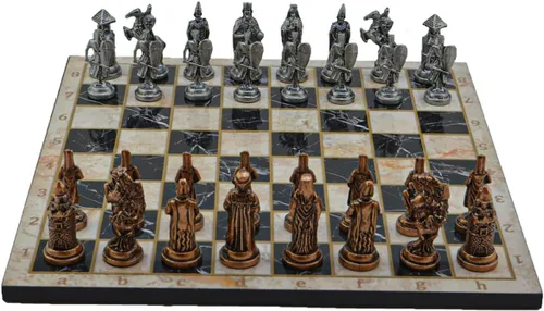 Vista 4 de Juegos de ajedrez de metal para adultos otomanos vs imperio bizantino figuras antiguas de cobre, piezas hechas a mano y tablero de ajedrez de madera