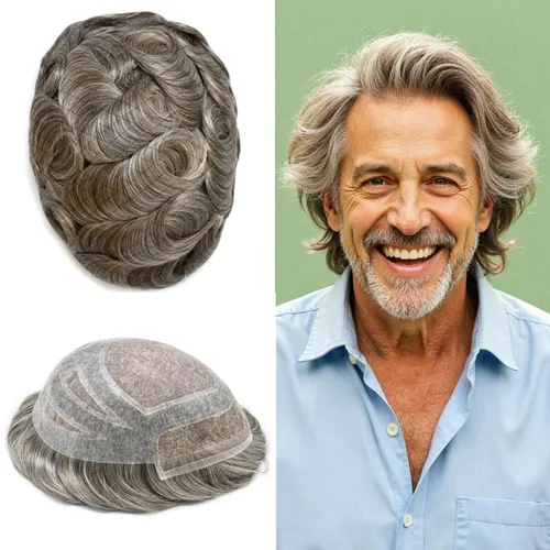 Vista 15 de Toupee - Piezas de pelo para hombres, cabello humano real, sistema de reemplazo de cabello francés, encaje francés, extensiones de cabello