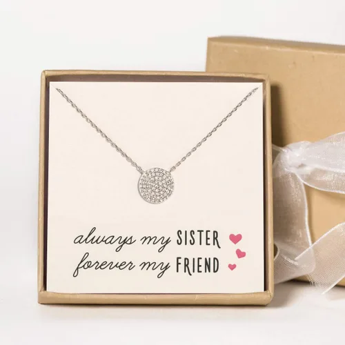 Vista 2 de A+O Regalo para hermana, collar con colgante de disco de circonita cúbica pequeña en oro, oro rosa o plata