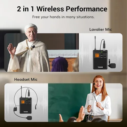 Vista 4 de TONOR Sistema de micrófono inalámbrico UHF con micrófonos de auriculares duales/micrófonos de solapa Lavalier, transmisores de cuerpo, receptor