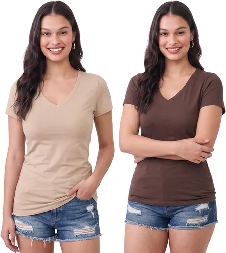 Vista 204 de Emmalise Camiseta de manga corta para mujer, cuello en V, tallas junior y plus