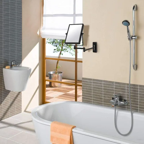 Vista 7 de QiMH Espejo de pared con aumento 3X, rectangular de 8 x 6 pulgadas con brazo extensible Espejo giratorio de doble cara para afeitado y tocador