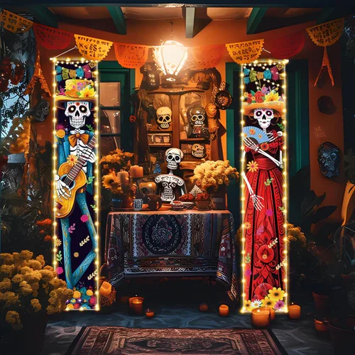 Vista 3 de Decoraciones de Halloween Día de los Muertos con luz para porche, decoración de Halloween, Día de los Muertos de México, carteles de porche
