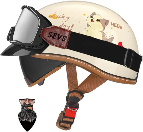 Vista 13 de Casco Moto Retro Jet para hombres y mujeres Homologado DOT, Medio Casco ABS, Ventilación Doble, Visera Retráctil y Forro Desmontable Fresco