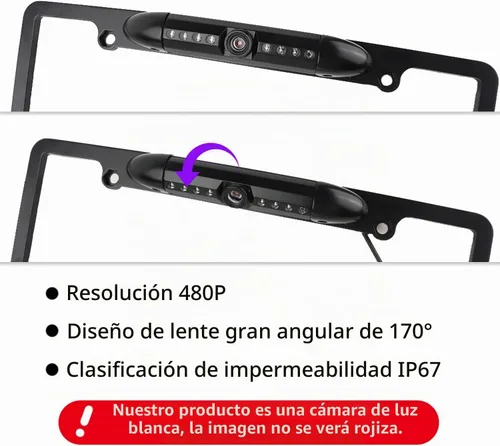 Vista 4 de Cámara de respaldo para matrícula, cámara de visión trasera de noche HD con 8 LED, cámara de visión trasera para auto de 170° de ángulo amplio