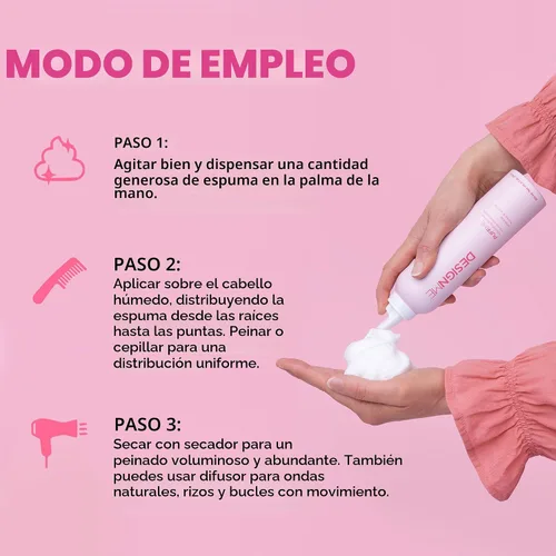 Vista 3 de Design.Me PUFF.ME - Mousse voluminizador para el cabello, espuma ligera y flexible para rizos, ondas o cabello liso, sin sulfatos ni parabenos