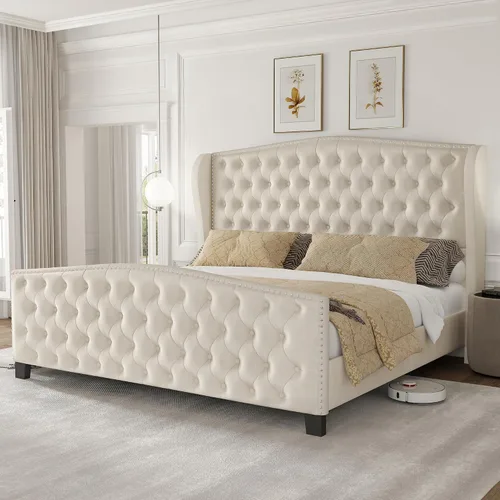 Vista 14 de LARMACE Base de cama tamaño Queen con tapizado de terciopelo, cama de plataforma con cabecera y pie de ala, base de cama con botones profundos