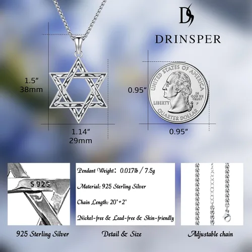 Vista 2 de DRINSPER TriskelionStar of DavidCeltic CrossPentagram Necklace 925 Sterling Silver Celtic Pendant Spiritual Jewelry for Women Men