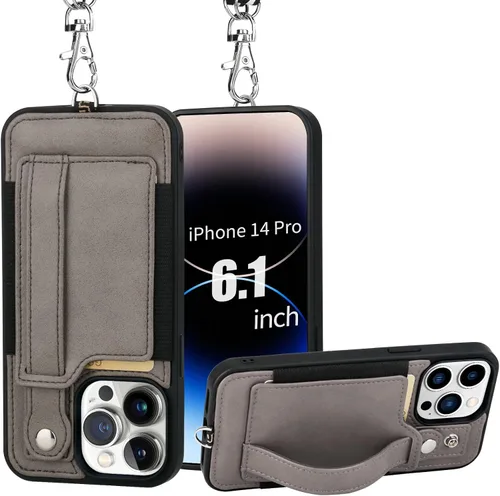 Vista 26 de TOOVREN Funda para teléfono compatible con iPhone 14 Plus, compatible con iPhone 14 Plus, funda con correa para tarjetero, cordón de cuero para Negro