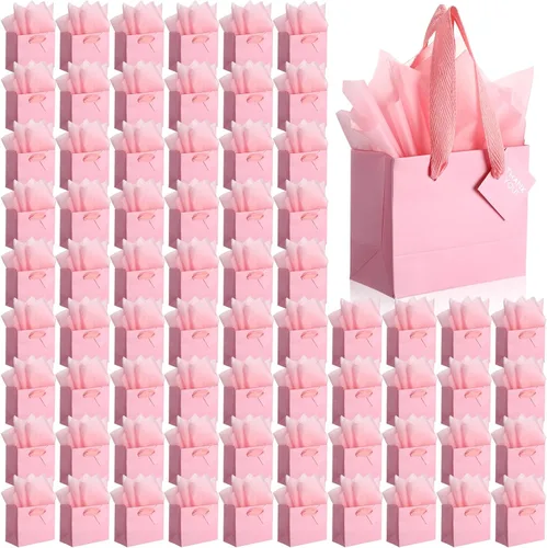 Vista 8 de Qilery 50 bolsas de regalo de papel de boda a granel con papel de seda, pequeñas bolsas de regalo con asa y etiquetas para cumpleaños, bodas