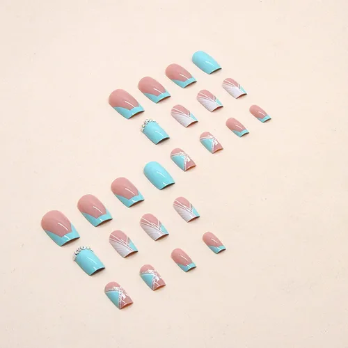 Vista 6 de Uñas postizas cuadradas medianas con punta francesa, uñas con pegamento, uñas postizas azul-verde con diseños de mariposas, uñas acrílicas