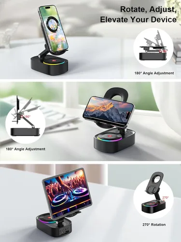 Vista 5 de Altavoz de inducción inalámbrico, soporte para teléfono celular con altavoz Bluetooth inalámbrico, soporte para iPhone 5 en 1 con luz colorida