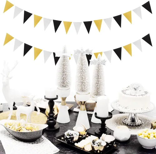 Vista 5 de Decoraciones de fiesta plateadas, negras y doradas, 2 banderines de papel para hombres, cumpleaños, Año Nuevo, jubilación, graduación, aniversario