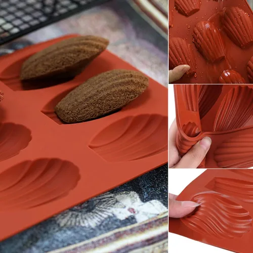 Vista 4 de Molde de Madeleine de 9 cavidades, 2 moldes de silicona antiadherentes, molde para hornear pastel con forma de concha (rojo ladrillo)