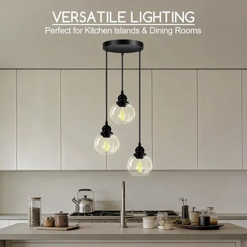 Vista 3 de Lámpara colgante de 3 luces, lámpara de techo colgante con pantalla de vidrio transparente, color negro mate, iluminación colgante de altura