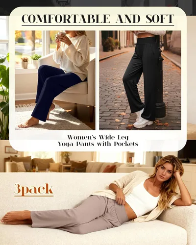 Vista 209 de Neer - Conjunto de 3 pantalones de yoga de pierna ancha para mujer - Pantalones deportivos cómodos, holgados, de cintura alta y casuales