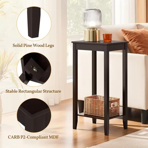 Vista 5 de Topeakmart Mesa auxiliar alta de 2 niveles con estante de almacenamiento y patas de madera maciza, mesa auxiliar de sofá para sala de estar, sofá