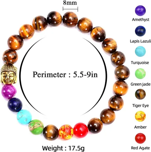 Vista 3 de Brazalete GelConnie de piedras de lava, 7 chakras, 0.32 pulgadas, piedra natural, para curación, alivio del estrés, yoga, ansiedad, aromaterapia