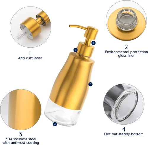 Vista 5 de Gaussra Dispensador de jabón con posavasos y calcomanías, dispensador de bomba de mano de vidrio de acero inoxidable dorado cepillado, botella