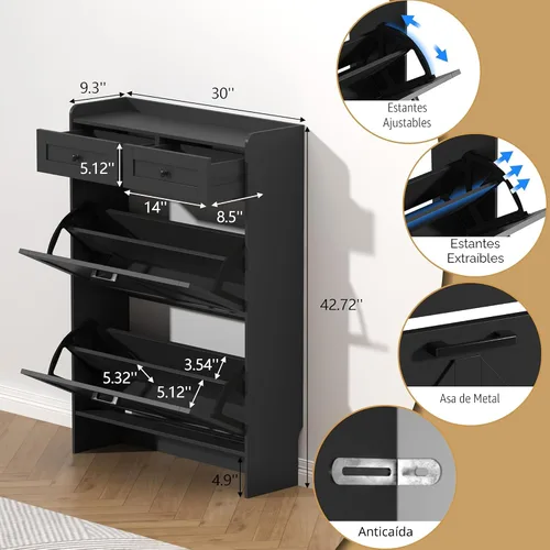Vista 6 de Thacuok Gabinete de zapatos negro con 2 cajones abatibles y 2 cajones de almacenamiento, armario organizador de zapatos estrecho rústico de granja