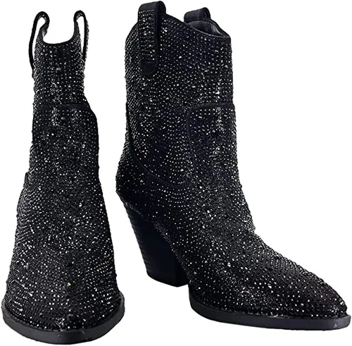 Vista 8 de Botines cortos hasta la rodilla con tacón de bloque de diamantes de imitación para mujer